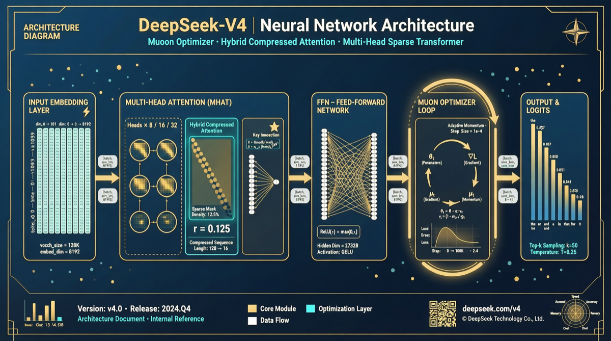 DeepSeek-V4 技术报告深度解析：混合压缩注意力 + Muon 优化器如何改写训练效率