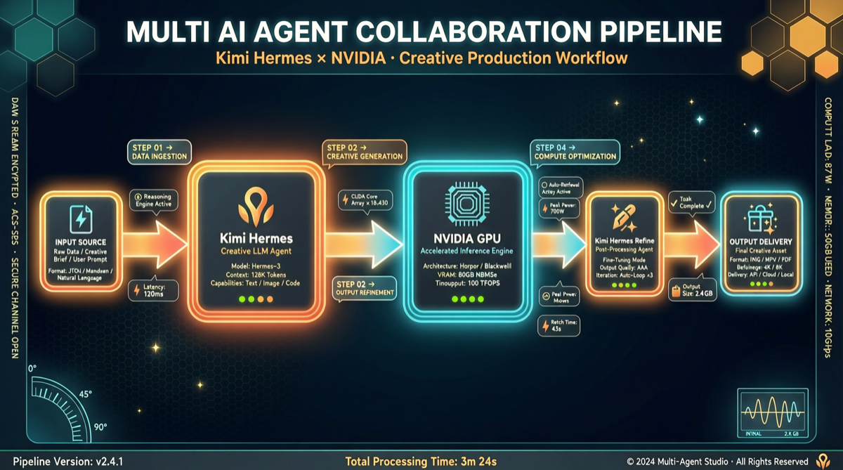 Hermes Agent 创意黑客松：Kimi 规划 + Hermes 管线 + DGX 渲染的多模型协作实践
